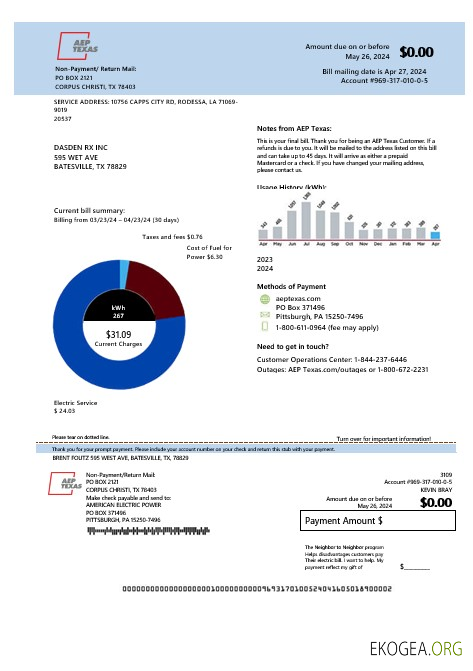 Modèle de facture de services publics d'électricité des États Unis AEP Texas aux formats Word et PDF